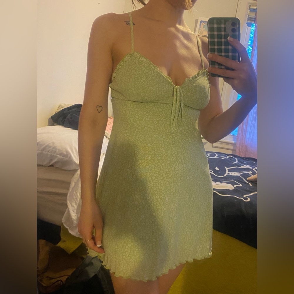 American Eagle Outfitters Mesh Floral Green Mini Sweetheart Babydoll Dress